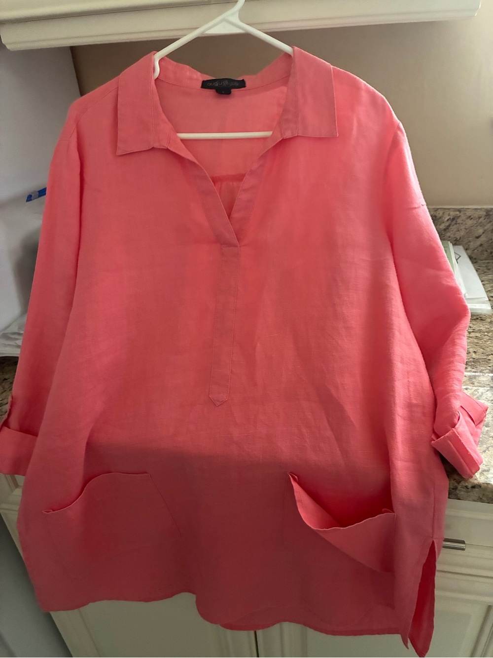 august silk coral linen Collared Tunic with Front Patch Pockets